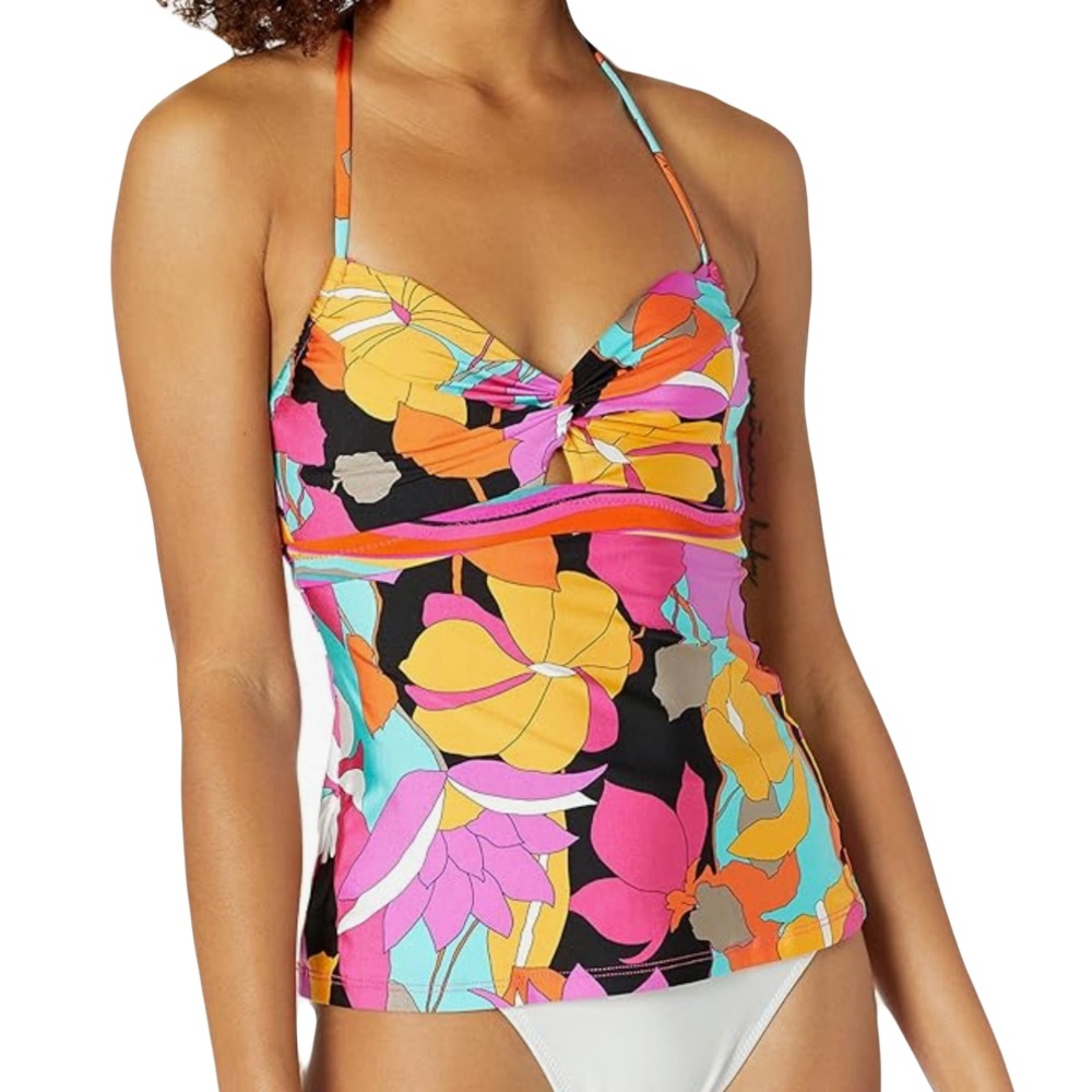 Trina Turk Multicolor Floral Tankini Top - Black, Pink, Yellow, Orange, Aqua
